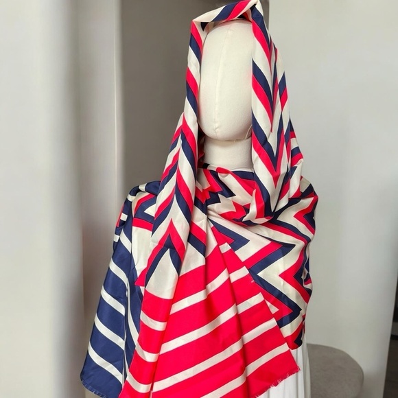 Vintage 70s Norell Oversized Silk Scarf Pink White Navy Chevron Wrap Rectangle - Picture 1 of 14